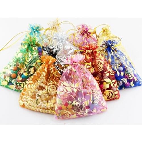 Wholesale 100pcs/lot 7x9cm Rose pattern Organza Bag Wedding Voile Jewelry Packaging Bags & Pouches Tulle Candy Gift Bag