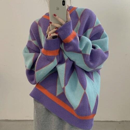 Pullover Sweaters Fashion 2021 autumn and winter loose contrast color diamondO- neckWomen All Match Elegant Outwear Soft top