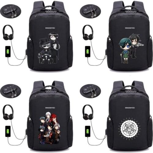 Kuroshitsuji anime black butler backpack USB charging Men women Laptop Backpacks Teenager student Male Mochila Travel backpack