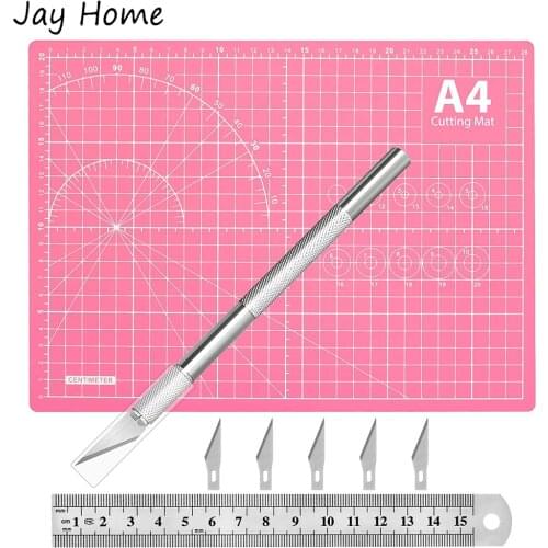 A4 Size Self Healing Cutting Mat Precision Carving Knife with 5Pcs Blades & Stainless Steel Ruler for DIY Craft Art Scrapbooking