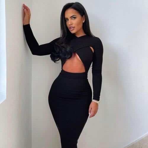 Wsevypo Sexy Women’s Cross Hollow Cut Out Bodycon Dress Office Lady Long Sleeve Black Midi Wrap Dress Fall Spring Slim Clothes