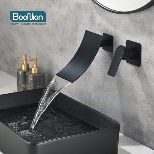 Boonion Waterfall SUS304 Matte Black Hot And Cold Water Bathroom Faucet Wall Mount Mixer Wash Basin Bath Scandinavian Style