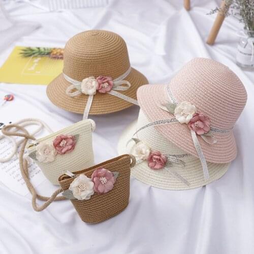 Kids Baby Outdoor Sweet Flowers Straw Hat And Bags 2Pcs Set Summer Child Girl Holiday Casual Beach Hat Sun cap Panama Gorros
