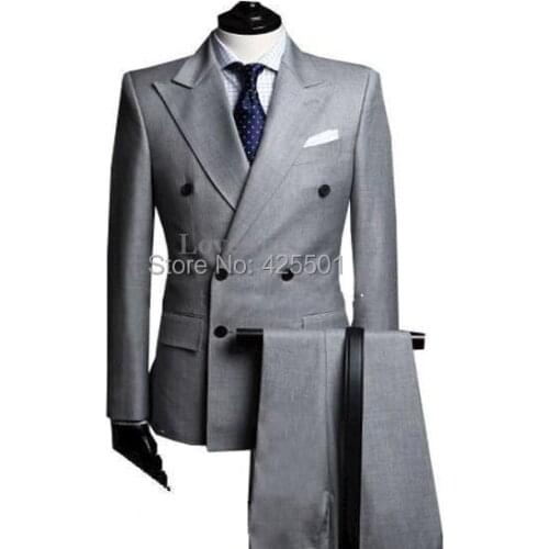 2020 Light Grey Business Men Suits With Pant Slim Fit 2 Piece Groom Double Breasted Wedding Tuxedos Blazer For Wedding Prom Suit