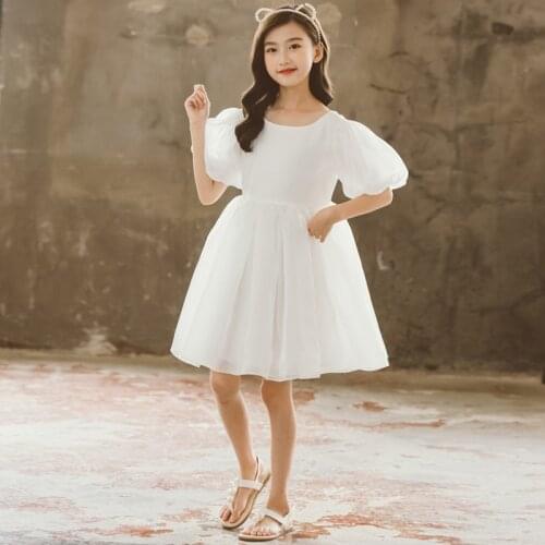 Party Girls Dress Mesh Puff Sleeve Wedding Kids Teen White Dress 2021 New Baby Children Summer Clothes with Cotton Lininf,#6317