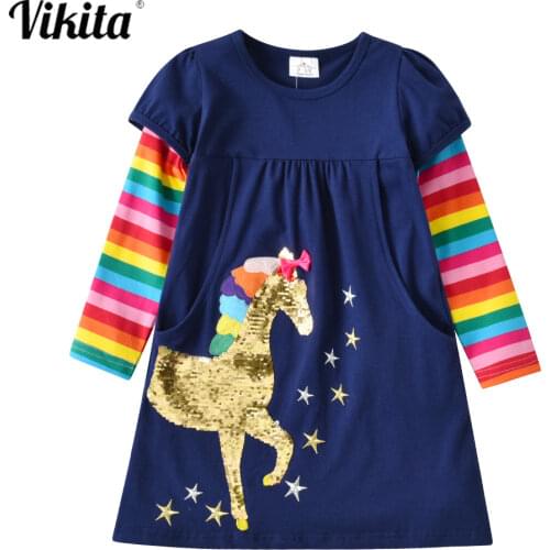 VIKITA Girls Striped Cotton Dress Long Sleeve Sequins Dresses Children Clothing Patchwork Unicorn Princess Dress Kids Clothes