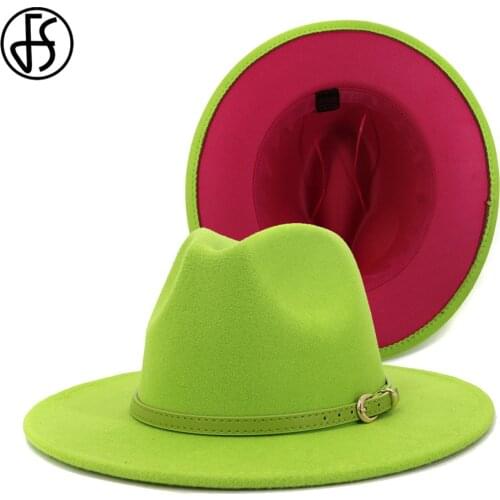 FS 60CM Hats Outer Lime Green Inner Rosy Patchwork Wide Brim Fedora Hats For Womens Lady Wool Felt Panama Jazz Hat Men Vintage