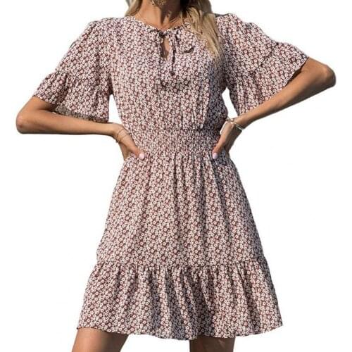 2021 Women Summer Dresses Floral Print Short Sleeve Tie O-neck Elastic High Waist Ruffle Dress Sundress