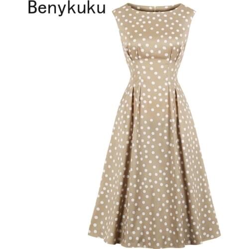 Khaki Polka Dot Women Vintage Long Dress Sleeveless High Waist Pocket Side Elegant Ladies Midi Dresses Retro Woman Clothes 2020