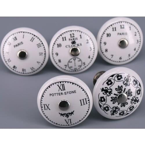 1x Black & White Time Clock Round Ceramic Cabinet Knobs Dresser Drawer Pulls Unique Decorative Furniture handles