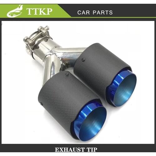 1 Piece Universal Car Carbon Fibre Dual Exhaust Pipes Tip Matte Stainless Steel Tail End Blue Straight Edge Muffler Tip Nozzle