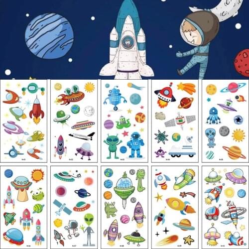 10Pcs/Lot Outer Space Cute Cartoon Tattoo Waterproof Fake Temporary Tatoo Sticker Glow Paste On Face Arm Leg For Kids Children