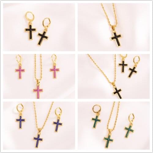 Bangrui Multicolor Cross Pendant Necklace Earrings Simple Gold Color Jewelry Jesus Women Chain Ladies Girls Jewelry Sets