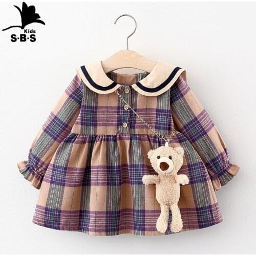 Childrens Clothes 2020 Baby Girl Princess Dress Girls Long Sleeve Fashion Plaid Dress Girls Cotton Dress with Free Bear Pendant