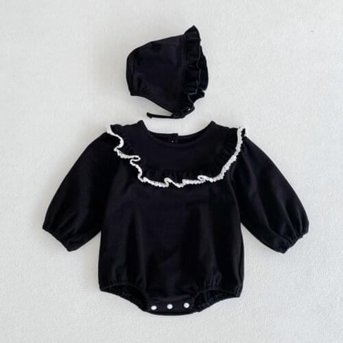 0-2Y New Born Baby Romper for Girl Solid Color Lotus Leaf Collar Long Sleeve Bodysuit 2021 Spring Autumn New Cotton Kids Clothes