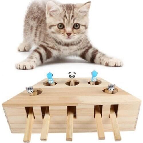 For Cat Indoor Solid Wooden Cat Hunt Catch Mouse Toys Interactive Seat Scratch