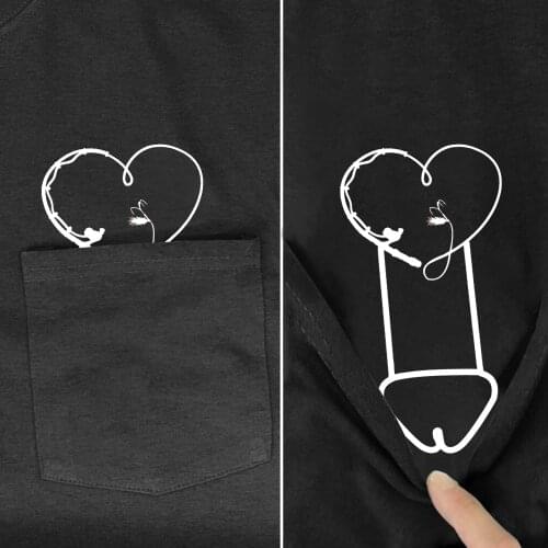 Cotton Pocket T-Shirt Fashion Brand Summer Pocket Fishing Heart Other Side Printed T-shirt Funny Cotton Tee Tops Drop Shipping