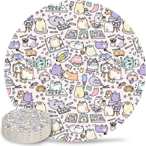 Cartoon Cat Ceramic Coasters Waterproof Tea Cup Mat Modern Home Decor Coffee Table Decor Coasters for Glasses
