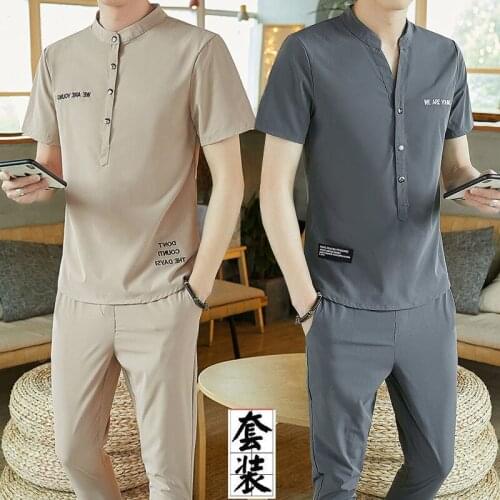 Summer Short Sleeve Suit Mens 9-point Pants Casual Two Piece Short Sleeve T-shirt Half Sleeve Sportswear Suit Large Streetwear