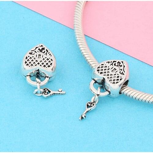 Leabyl Silver Color Key Heart Dangle Charm fit Bracelets Bangles Romantic Love Lock Pendants Beads for DIY Jewelry 2 Pcs/Lot