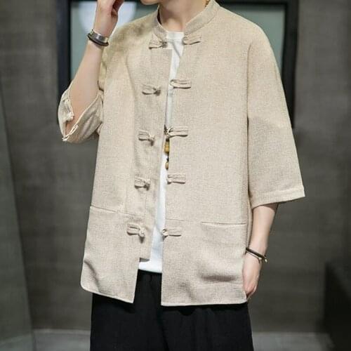 Chinese Style Button Linen T-Shirt MenS Summer Kung Fu Clothes Tang Suit Shirt Loose T-Shirt Japanese Kimono Men New 30607