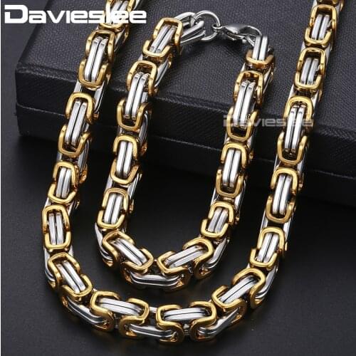 Mens Jewelry Sets Stainless Steel Byzantine Box Chain Necklace Bracelet Jewelry Set for Men Gold Silver Color Chain 8mm LKS03
