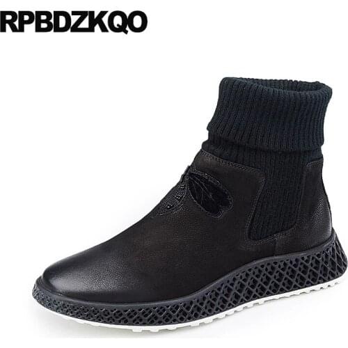 Handmade pattern winter men boots with fur sneakers black full grain leather embroidered short slip on fall genuine ankle shoes