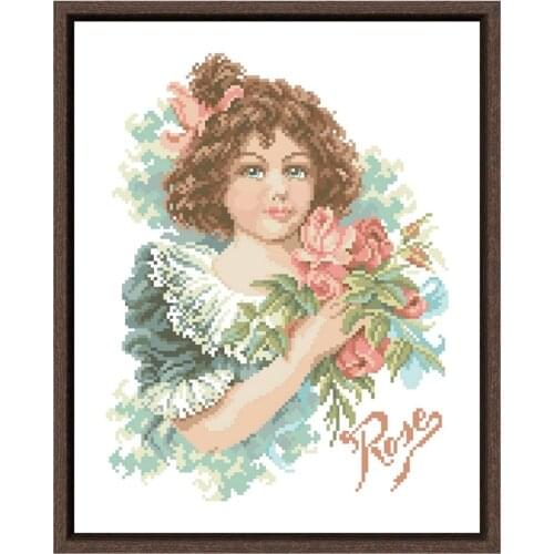 Girl with roses cross stitch kits flower pattern design 18ct 14ct 11ct unprint canvas embroidery DIY needlework