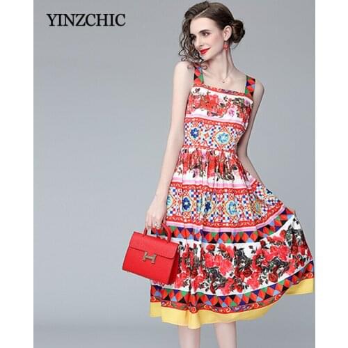 New Woman Summer Pring Dress Spagetti Floral Midi Skirt Female Beach Sleeveless Party Skirt Vintage Vestidos Femme