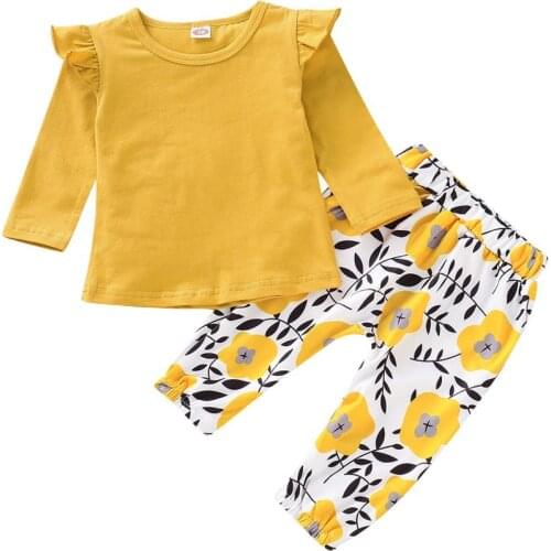 Autumn new hot sale baby clothing set girls cotton yellow long sleeve t-shirt + print long pants 2pcs