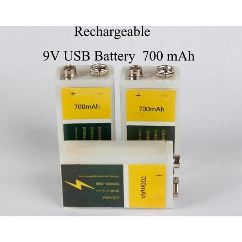 SORAVESS Rechargeable 6F22 Li ion 9V Usb Battery 700mAh Lithium Ion Li-ion Cell For wireless Microphone Guitar EQ smoke Alarm