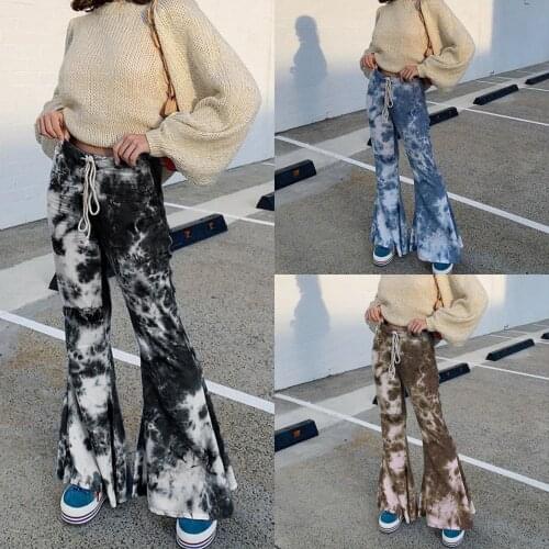 Women Pants 2021 New Fashion Casual Chic Trendy Tie Dye Long Flared Pants Elastic Drawstring High Waist Wide Bottom Trousers hot