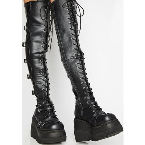 New Brand Design Female High Platform Thigh High Boots Buckle Punk High Heels Boots Fashion Women Cosplay Wedges Shoes for Woman