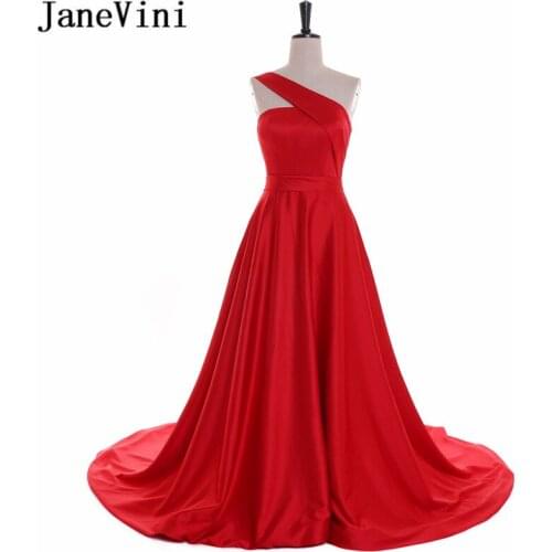 JaneVini Elegant Red Prom Dresses 2019 Long One Shoulder Green Satin Ladies Gala Dress Sleeveless A Line Sweep Train Formal Gown