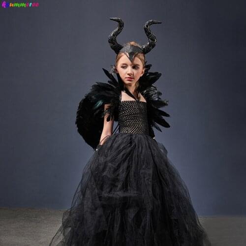 Girls Halloween Evil Witch Gothic Gown Tutu Dress with Feather Collar Kids Maleficent Villain Costume for Carnival Purim Party