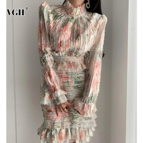 VGH Printed Hit Color Patchwork Ruched Dress For Women Stand Collar Flare Sleeve High Waist Elegant Dresses Female 2020 Fall New