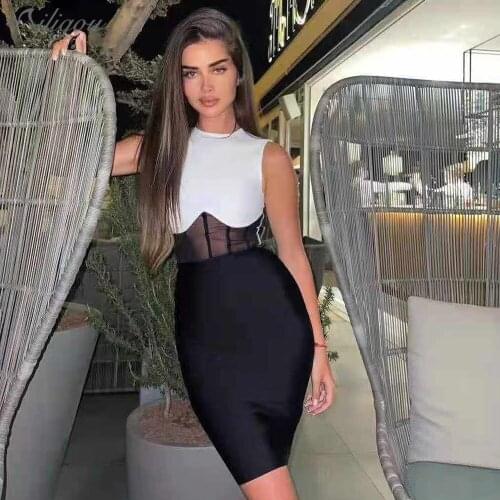 Ailigou 2021 New Summer Vest Tight Club Bandage Dress Womens Sexy Sleeveless Black Lace Midi Celebrity Runway Party Dress