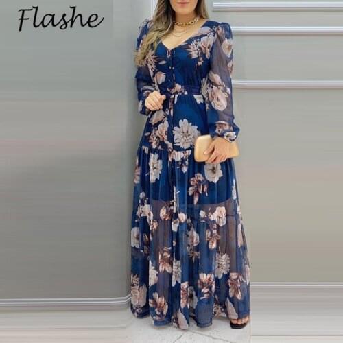 Women Flower Print Dress Boho Long Sleeve Party Dress 2021 Spring Autumn A-Line Dress Women Elegant Sexy Long Dress Blue