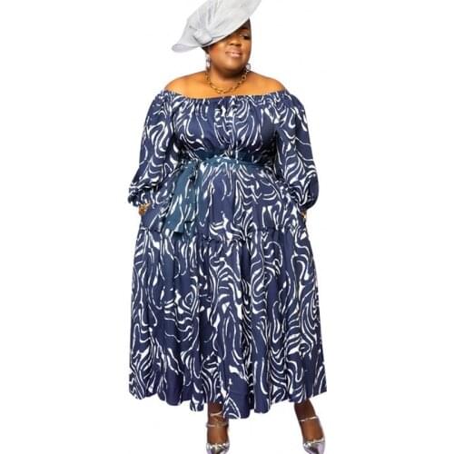 3XL 4XL Plus Size Women Dress Sexy Slash Neck Full Sleeve Lace Up Robes Fashion Print Ruffle Patchwork Casual Long Dress Summer