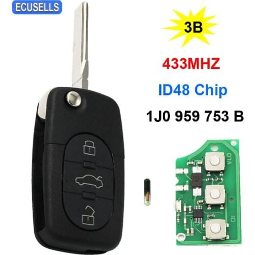 3 Button Flip Remote Key Folding Car Key 433Mhz ID48 Chip 1J0 959 753 B for VW Passat Golf Beetle 1999-2001 HU66 Uncut Blade