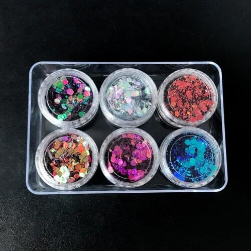 6 colors in set color shift Heart Nail Art Glitter 3D nail glitter Neon Sequins Polish Nail Decoration Nail Glitter Powder Sequ