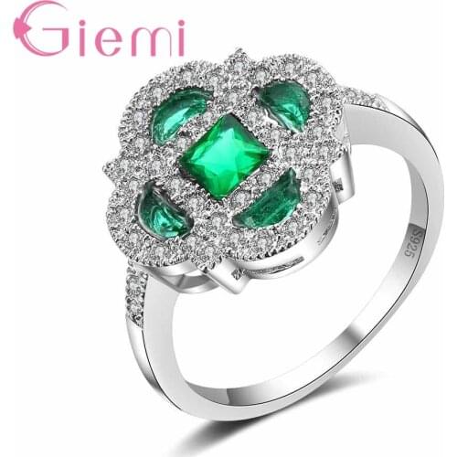 925 Sterling Silver and CZ Anniversary Ornament For Womens Birthday Gift Green Clover Plant Shape Crystal Stone Ring