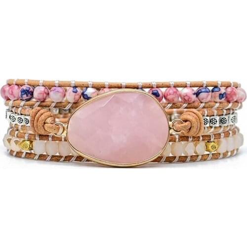 Natural Stone Bracelet Pink Crystal Braided Bracelet Wrapped Bracelet Gift Bohemian Beads Sexy Womens Bracelet Wholesale