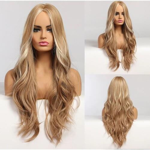 Long Wavy Blonde Synthetic Wigs with Highlights Wigs Middle Part for Afro Women Heat Resistant Cosplay Natural Hair Wigs