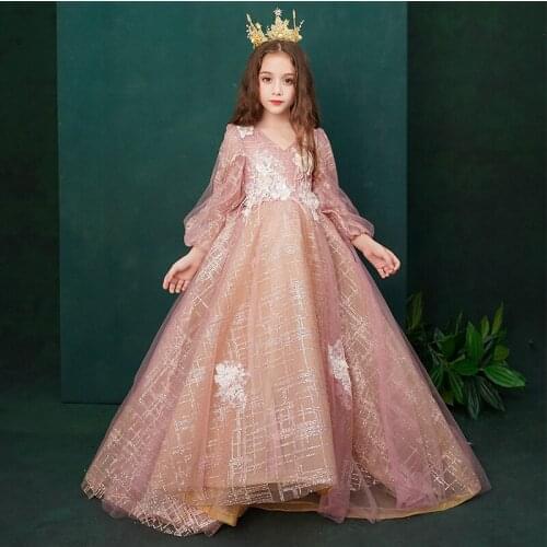 Flower Girl Dresses Illusion Sequined Full Embroidery Princess Floor-Length Luxury V-Neck Lace Tulle Lovely Kids Party Gown H194