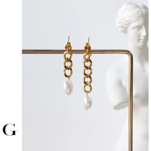 GHIDBK Statement Designed Natural Freshwater Pearl Chain Asymmetry Studs Earrings Stainless Steel Street Style Earring Wholesale