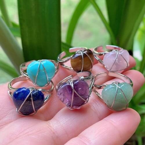 Wire Wrapped Crystal Rings Healing Stone Natural Amethysts Lapis Aventurine Pink Quartz Women Heart Rings Party Wedding Jewelry