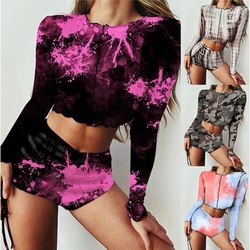 Fashion Women 2 Piece Set Drawstring Shrinkage Design Elastic Mid Waist Slim Hips Shorts+O-Neck Long Sleeve Print Slim Short Top