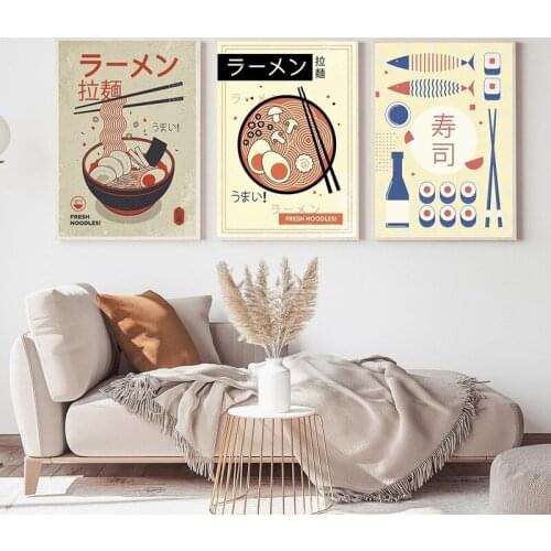 Ramen Noodles with Eggs Canvas Poster Janpanese Vinatge Sushi Food Painting Retro Kitchen Restaurant Wall Art Picture Decoration