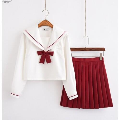 Sailor Suit School Uniform Sets Red Pleated Skirt JK School Uniforms For Girls White Shirt and Red Skirt Suits Student Cosplay